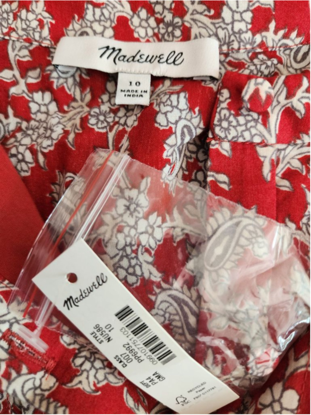 MADEWELL NWT Red Beige Puff Sleeve Floral Print Midi Dress Size 10 - Picture 8 of 9